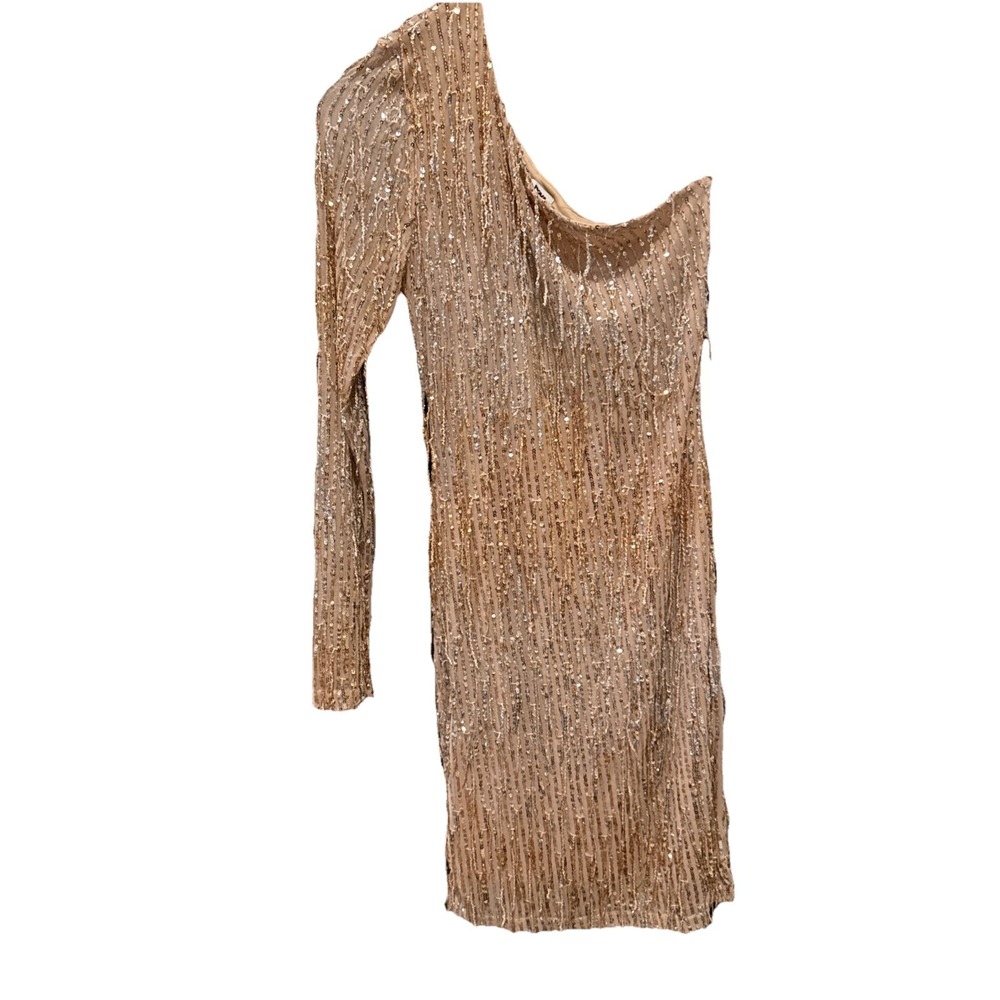 NWT Fashion Nova Gold Sequin One Shoulder Mini Dress XS Bodycon Party Cocktail